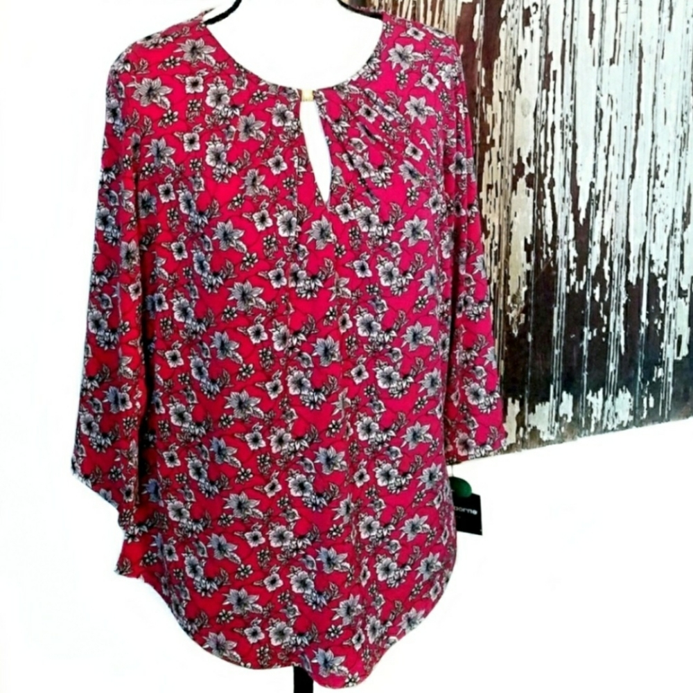 Liz Claiborne Peasant Blouse Red Floral Size MP - Picture 3 of 12